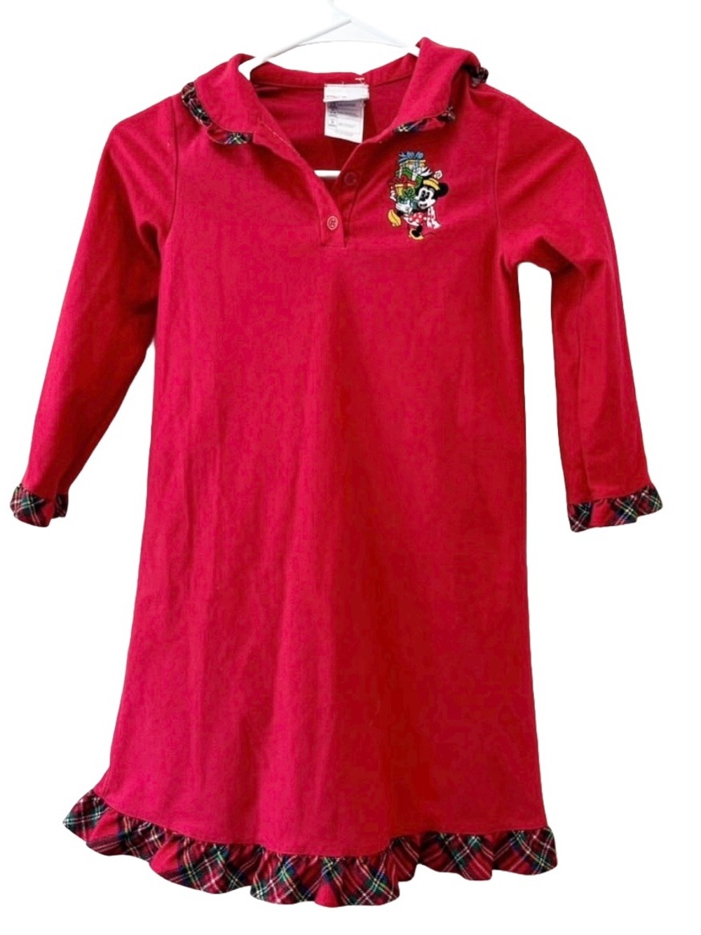 Disney Girls Christmas Minnie Mouse Embroidered Plaid Ruffle Trim Nightgown